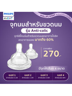 Philips Avent ฟิลิปส์ เอเว้นท์ จุกนมซิลิโคน Anti-colic (1กล่องมี2ชิ้น) จุกนมถูกออกแบบมาให้พอดีกับรูปทรงปากของเด็ก