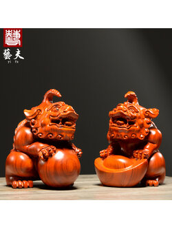 #ปี่เซี๊ยะเก็บทรัพย์ สัตว์เทพมหามงคลงานไม้มะฮอกกานีแกะมือ (1 คู่)