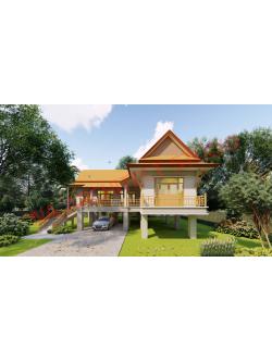 แบบบ้านชั้นเดียวทรงไทย ยกพื้นสูง สไตล์ไทยประยุกต์ NA-108 ขนาด 168.12 ตร.ม. 2 ห้องนอน 3 ห้องน้ำ