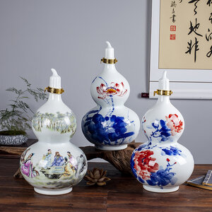 ขวดเหล้าจีน ทรงน้ำเต้าแบบดั่งเดิม เนื้อกระเบื้องหนาทำสีเขียนลายครา สำหรับเหล้าทุกชนิด