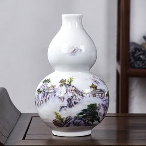 แจกันเซรามิก"น้ำเต้าเรียกทรัพย์"เขียนลายจีนโบราณ สำหรับปรับฮวงจุ้ยบ้าน โต๊ะทำงาน