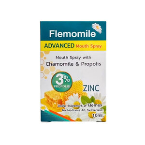 Flemomile (เฟลมโมมายล์) ADVANCED MOUTH SPRAY (PROPOLIS 3%+ZINC) 10ml. ช่วยเพิ่มความชุ่มชื้นในลำคอ พร้อมน้ำมันหอมระเหยที่มีฤทธิ์ต้านเชื้อแบคทีเรียดูแลลำคอและช่องปาก