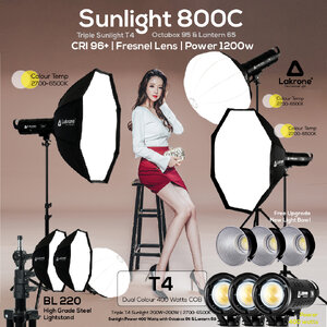 Sunlight 800C ชุดไฟสามต่ำแหน่งถ่ายวีดีโอ Sunlight T4 ปรับสีได้ 2700 - 6500K ขาตั้งไฟ BL220 พร้อม Octabox 95 และ Lantern 65