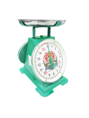 เครื่องชั่งสปริง ตราสิงห์คู่ระฆัง ตัวถังเหล็ก พิกัด 15 กก. จานตื้น