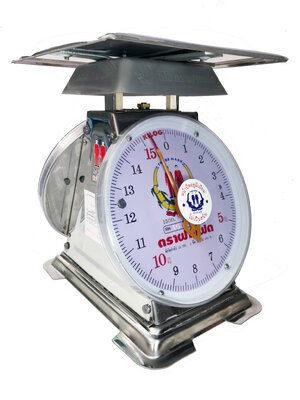 เครื่องชั่งสปริง ตราฝาแฝด ตัวถังสเตนเลส เกรด 430 พิกัด 15 กก. จานแบน