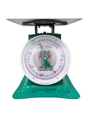 เครื่องชั่งสปริง ตราสิงห์คู่ระฆัง ตัวถังเหล็ก พิกัด 35 กก. จานแบน