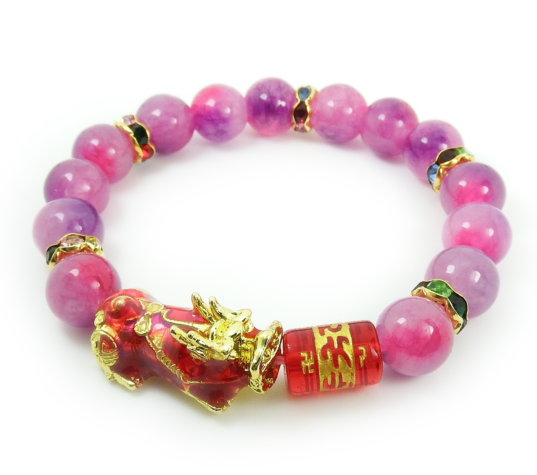 สร้อยข้อมือปี่เซี๊ยะ หินเกล็ดมังกรสีชมพูเข้มอมม่วง ขนาด 10 มล.