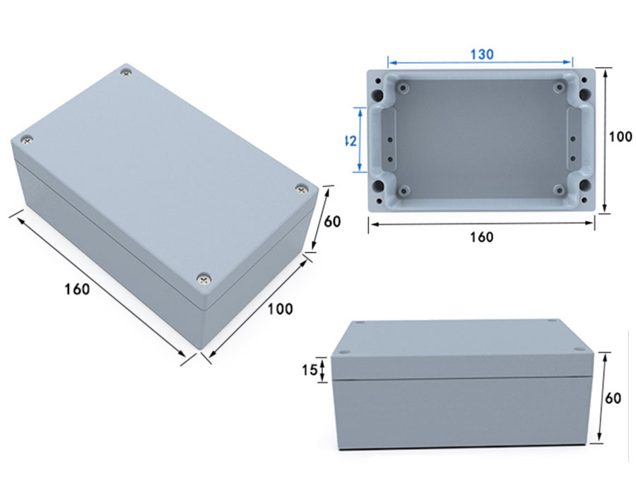 กล่องอลูมิเนียมกันน้ำสีเทา ขนาด 160 X 100 X 60 มม.