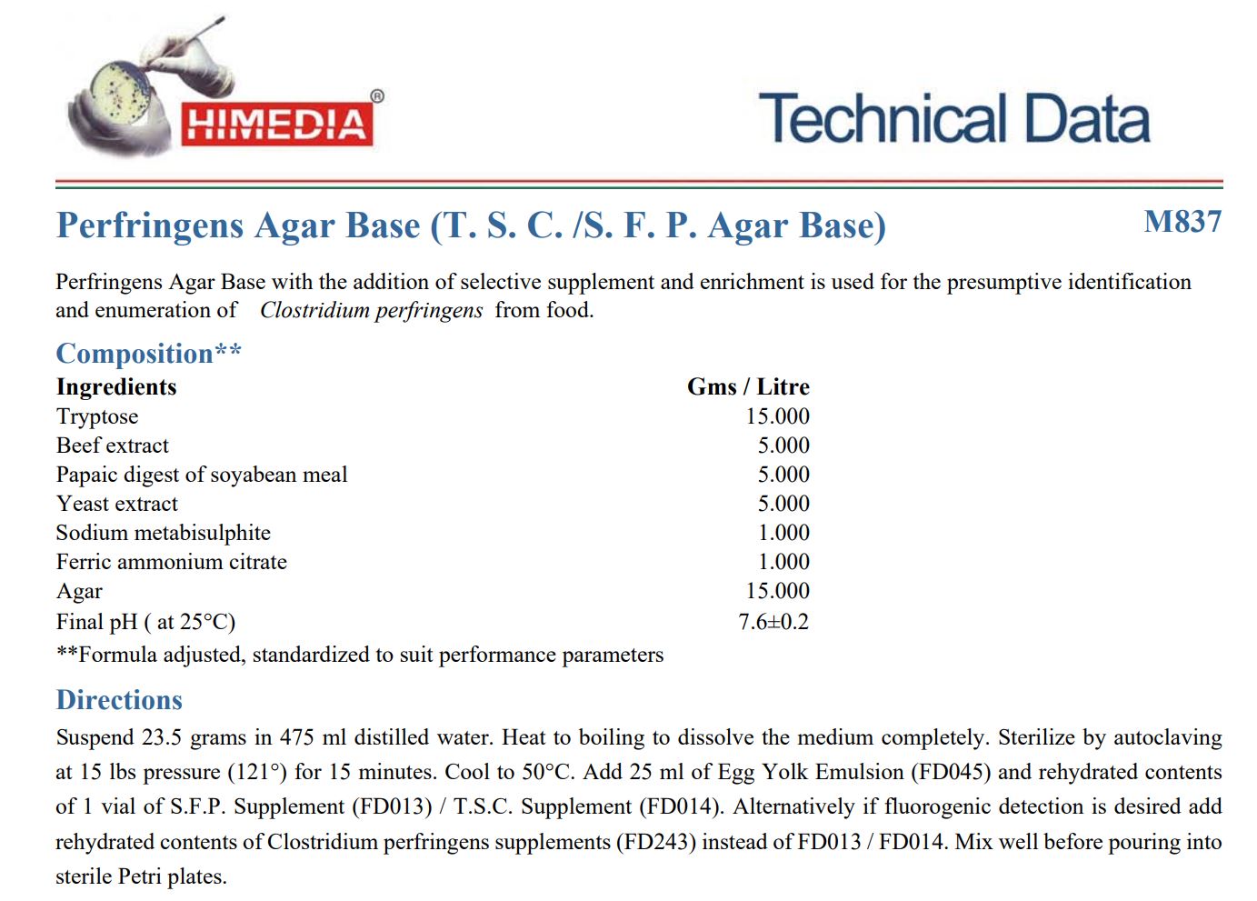 Himedia™PERFRINGENS AGAR BASE (T.S.C./S.F.P. Agar Base), 500 G