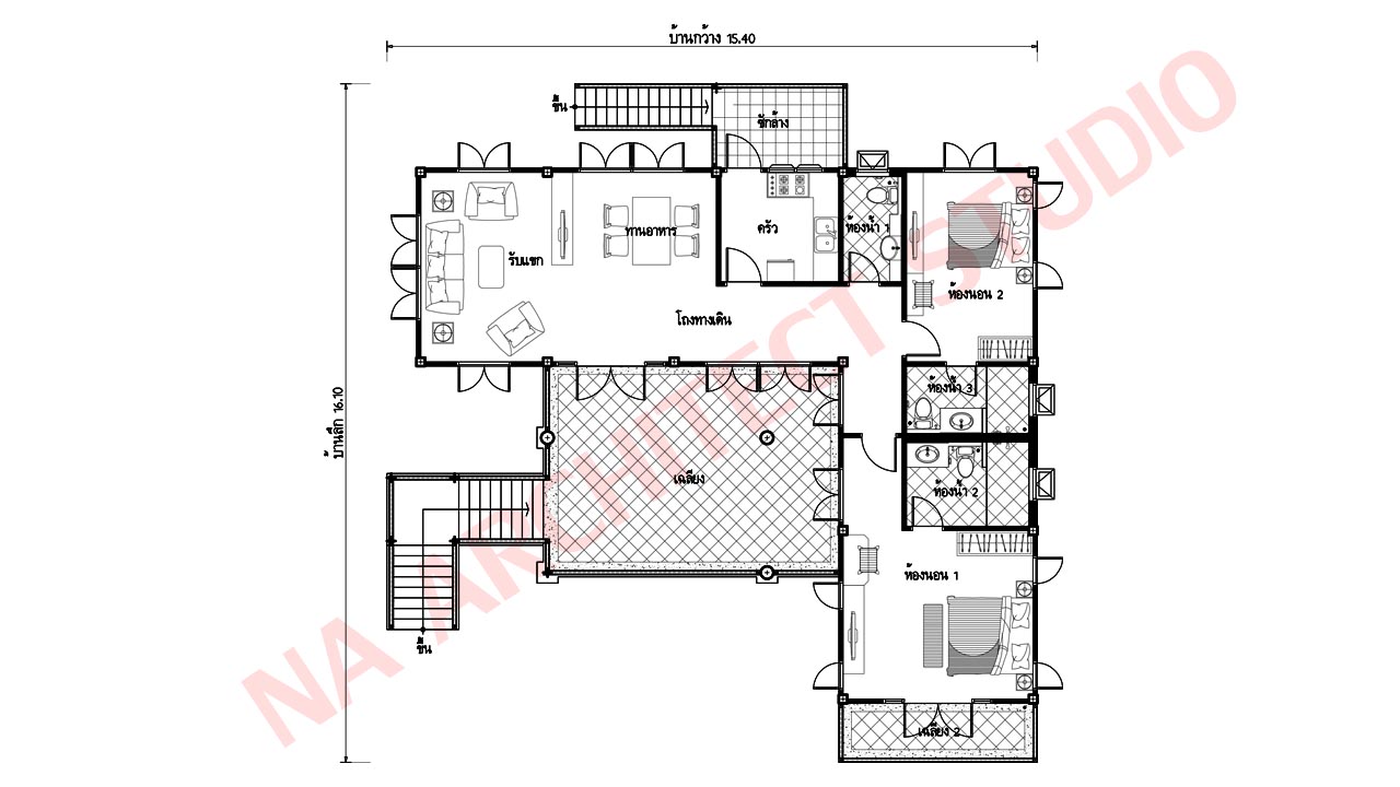 แบบบ้านชั้นเดียวทรงไทย ยกพื้นสูง สไตล์ไทยประยุกต์ NA-108 ขนาด 168.12 ตร.ม. 2 ห้องนอน 3 ห้องน้ำ