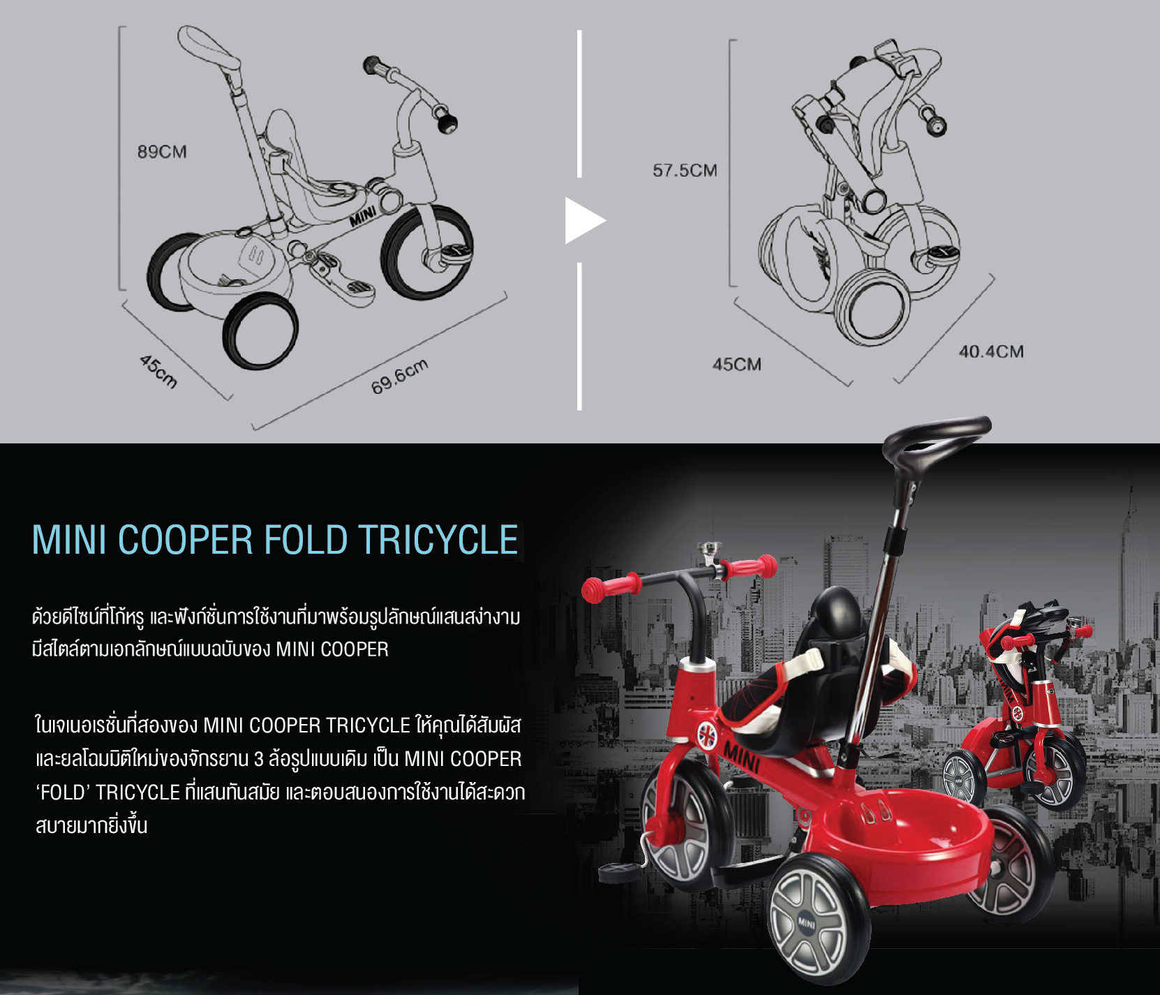 MINI COOPER (มินิ คูเปอร์) จักรยาน Fold Tricycle รุ่น 10’Tricycle Bike จักรยานฝึกปั่นที่ดีที่สุดสำหรับเด็ก 10 เดือน-3 ปี