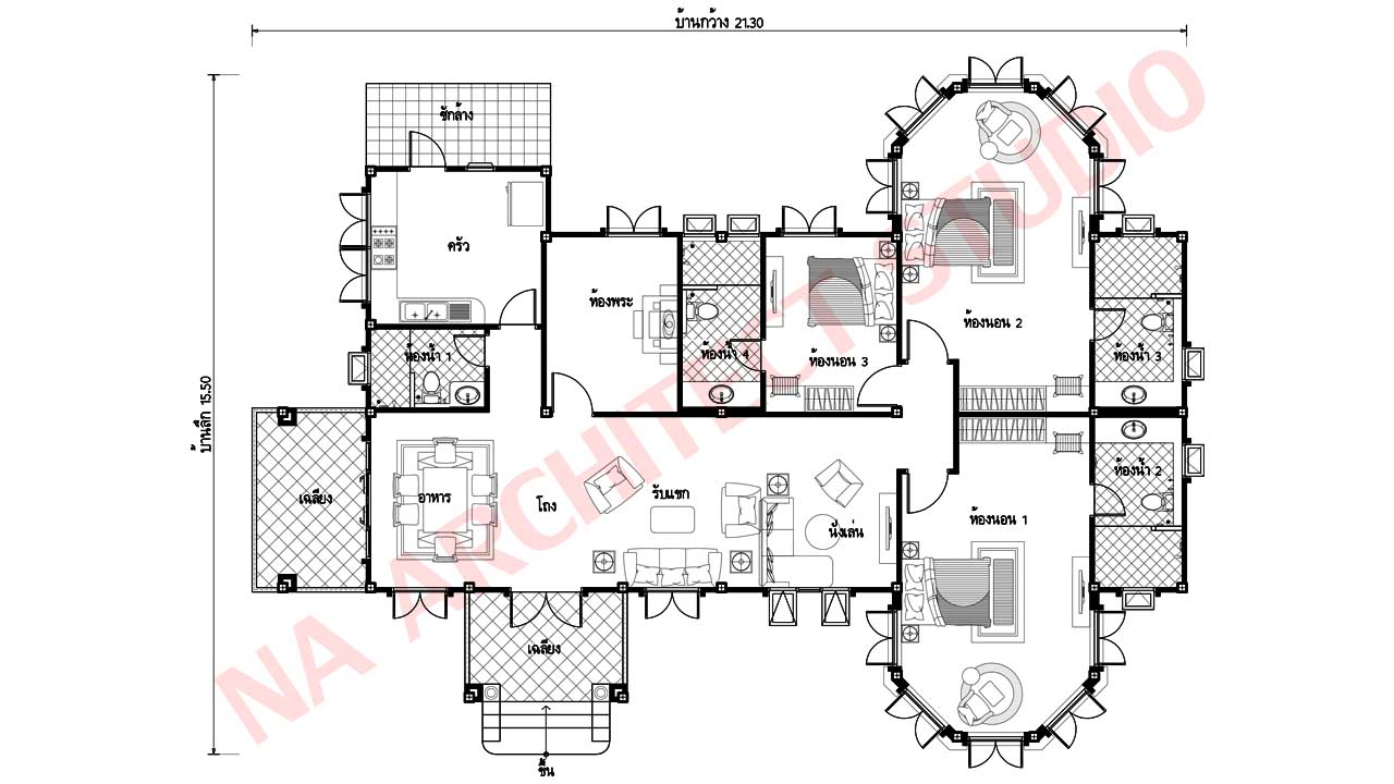 แบบบ้านชั้นเดียว สไตล์คอนเทมโพรารี่ NA-111 ขนาด 219.40 ตร.ม. 3 ห้องนอน 4 ห้องน้ำ
