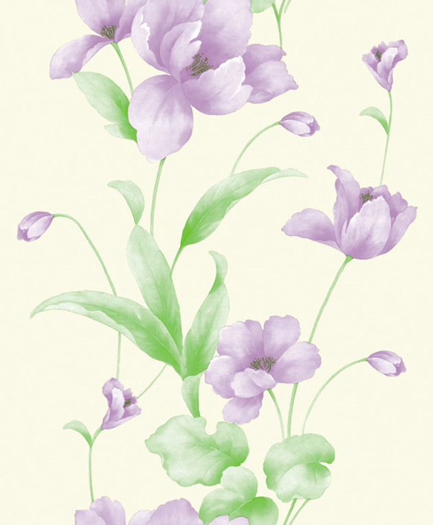 GP-11510 Wallpaper Vinyl วอลล์เปเปอร์แบบมีกาวในตัว ดอกไม้สีม่วง พื้นสีครีม มี glitter กากเพชร หน้ากว้าง 100 cm