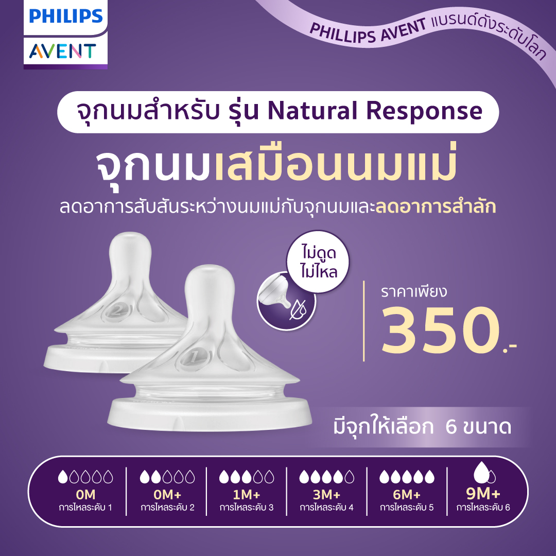 Philips Avent ฟิลิปส์ เอเว้นท์ จุกนมซิลิโคน รุ่น Natural Response จุกการไหลระดับ 1-6 (รุ่นใหม่ไม่ดูดไม่ไหล)