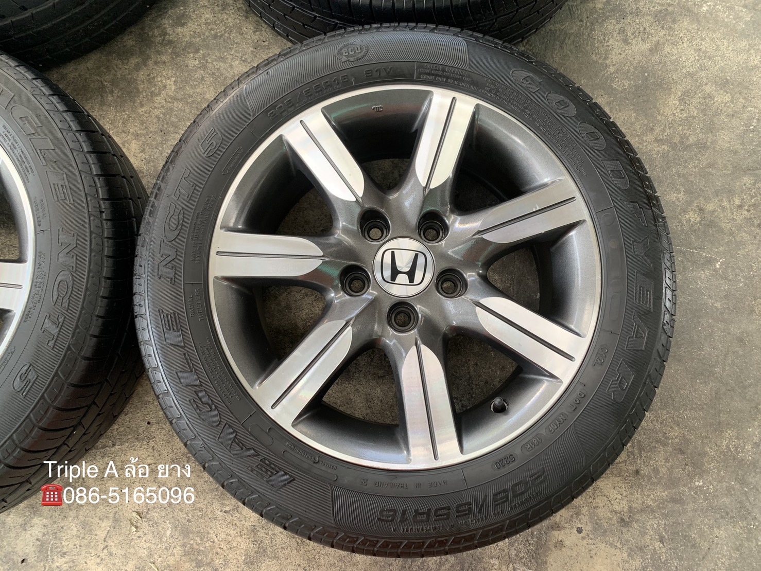 ✨ล้อแม็ก 5รู114✨Honda ลาย 7 ก้าน ขอบ 16 เทาหน้าเงา พร้อมยาง 205-55-16 Goodyear ปลายปี 20