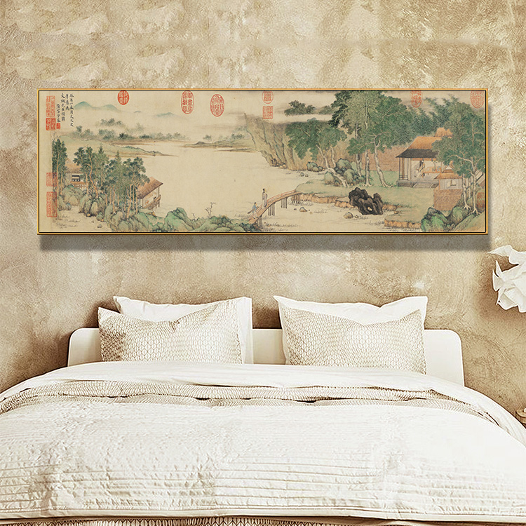 #ภาพวาดพู่กันจีน ภาพพิมพ์สีน้ำบนผ้าใบพร้อมกรอบไม้(คละสี) ขนาด 30x120 cm.