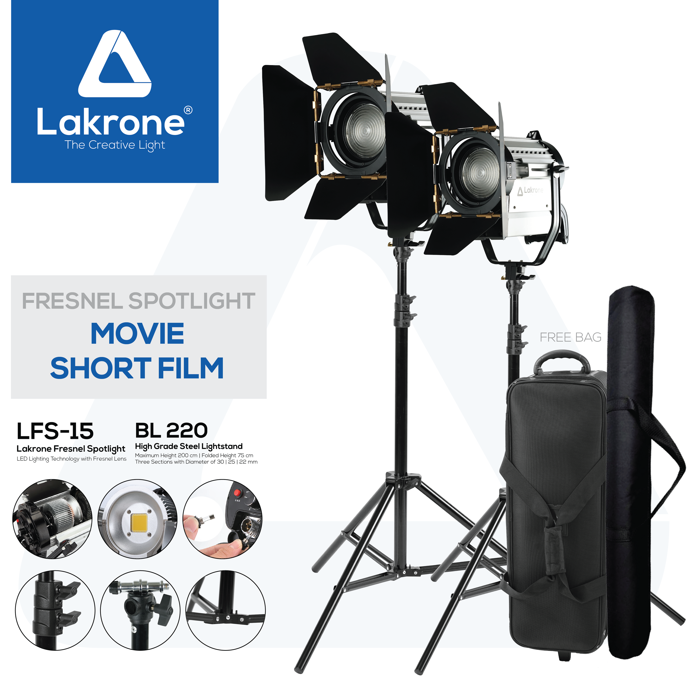 FRESNEL SPOTLIGHT SET ชุดไฟสปอร์ตไลท์สำหรับถ่ายหนัง ภาพยนตร์ หนังสั้น LED LFS-15 พร้อมขาตั้ง BL 220