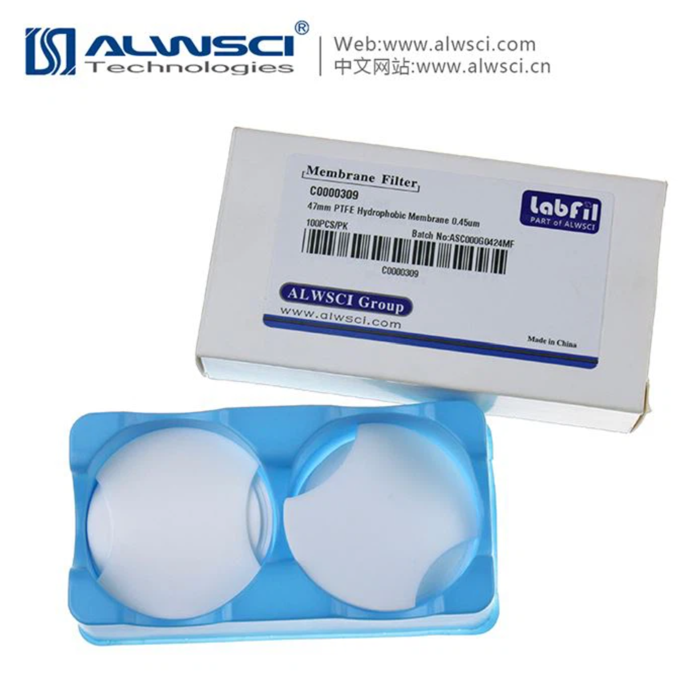 Labfil-47mm PTFE Hydrophobic Membrane 0.45um. 100PCs/PK.