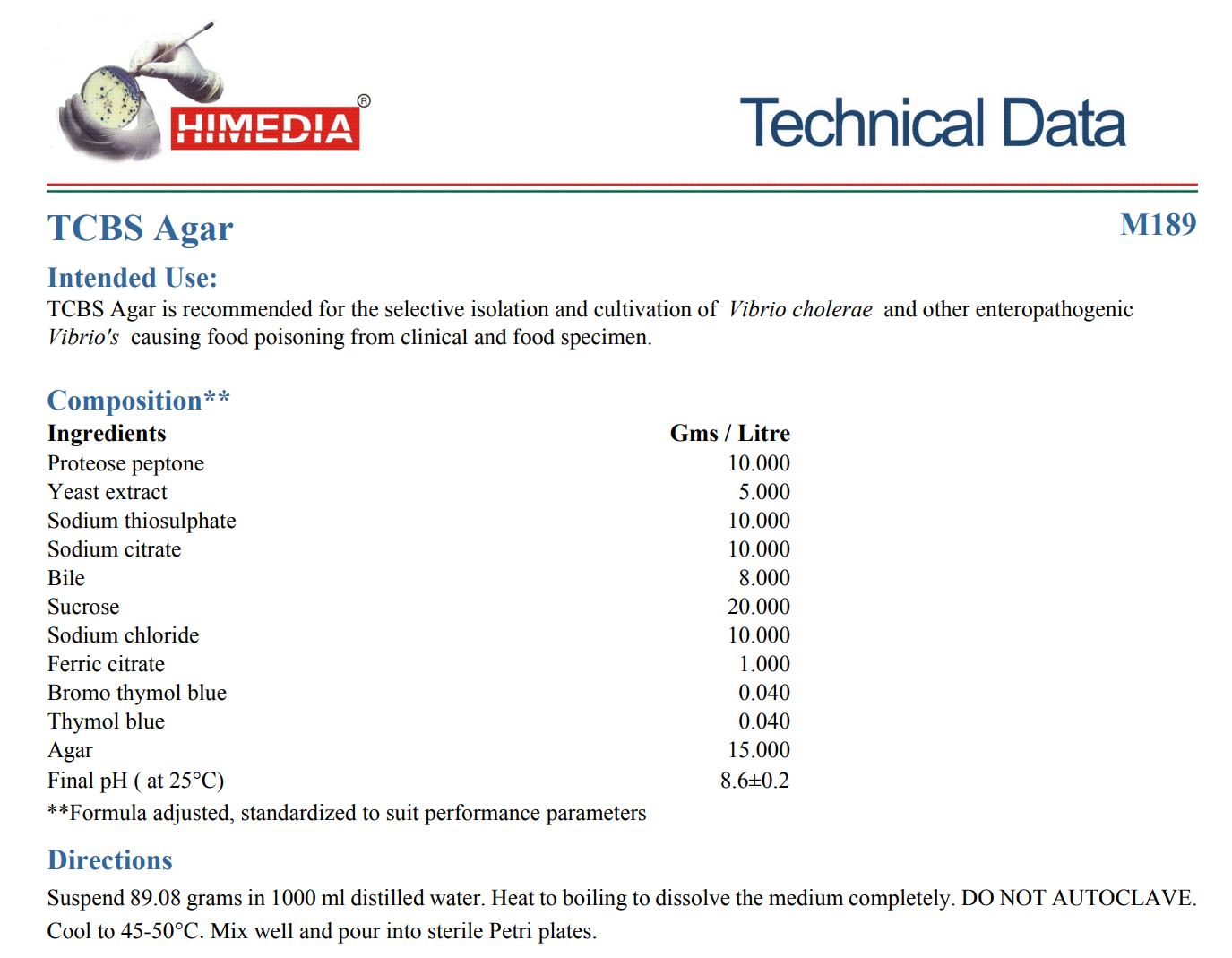 Himedia™TCBS AGAR, (Thiosulfate-Citrate-Bile-Sucrose Agar), 500 G