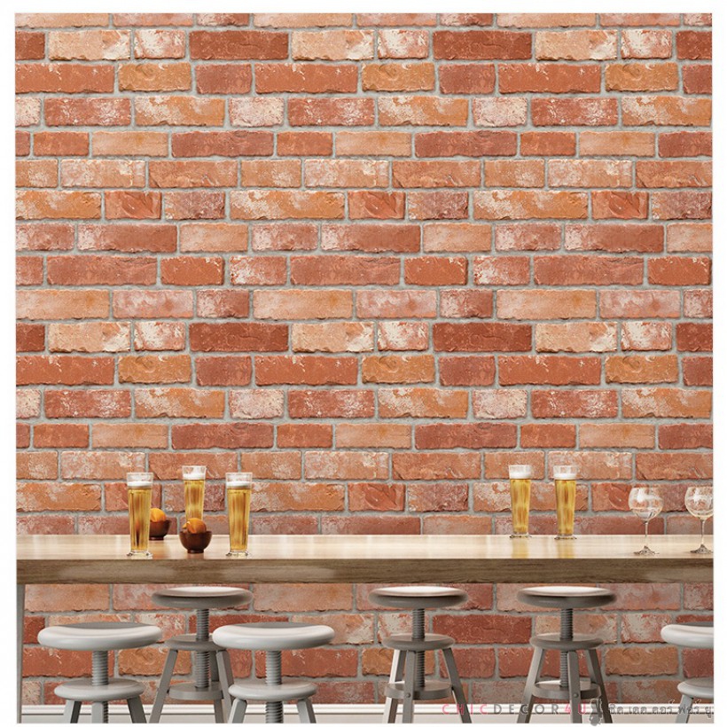 STONE-104 วอลล์เปเปอร์แบบมีกาวในตัว ลายอิฐส้มเหมือนจริง หน้ากว้าง 100 cm