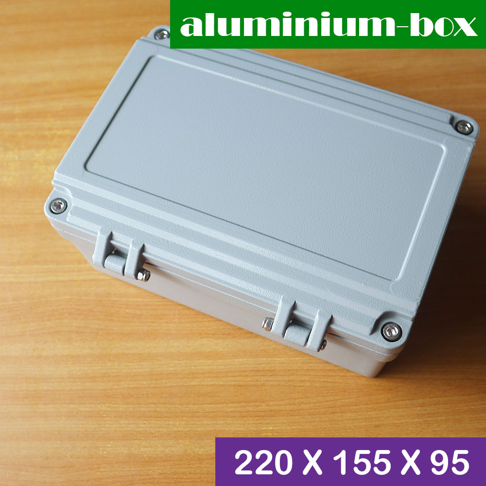 กล่องอลูมิเนียมกันน้ำ IP66 สีเทา ขนาด 220 X 155 X 95 มม. แบบมีบานพับ