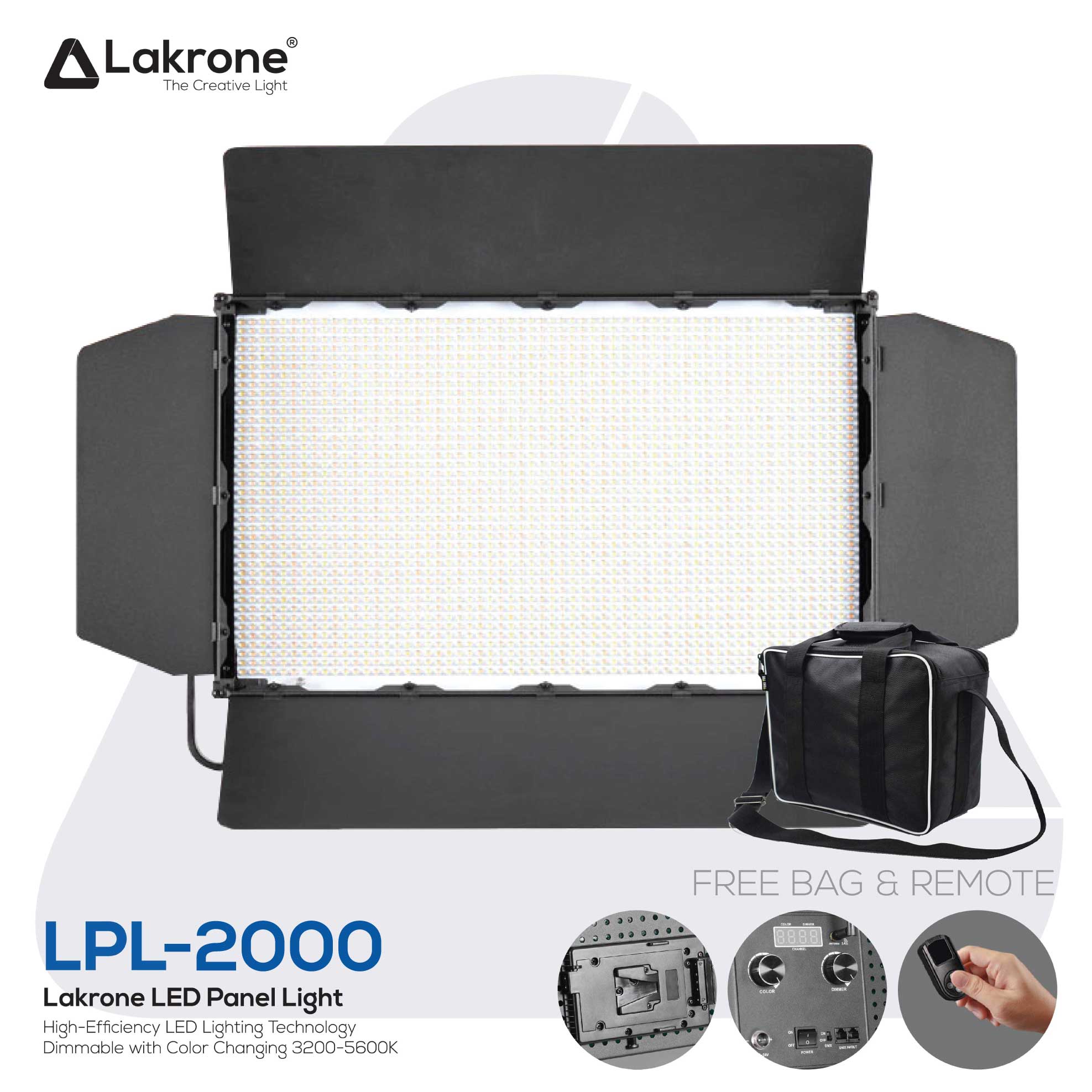 LPL-2000 ไฟวิดีโอเปลี่ยนสีได้ 200W (100+100) เปลี่ยนสีได้ 3200-5600K Lakrone LED Panel Light 2000 พร้อมกระเป๋าสำหรับพกพา สำเนา
