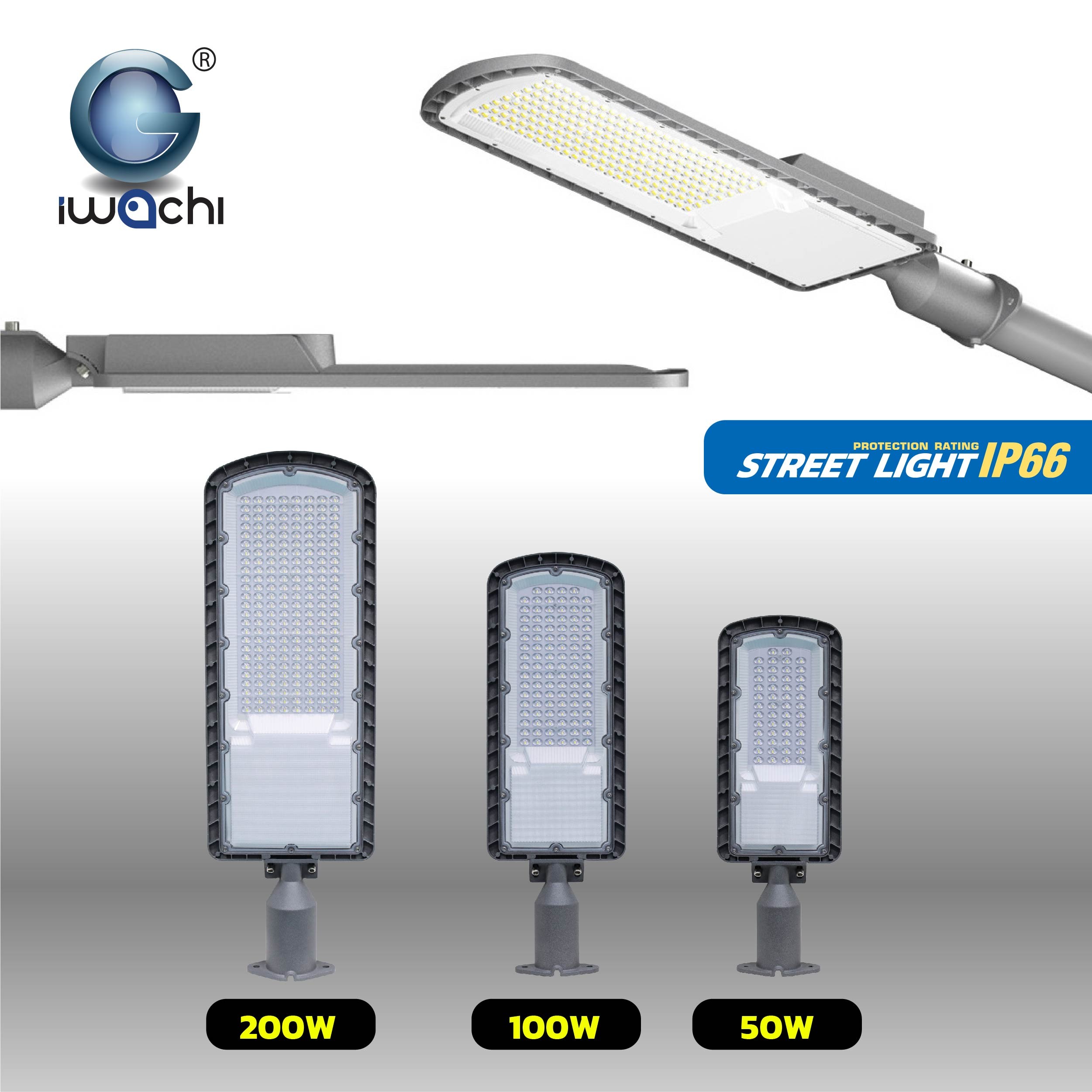 โคมไฟถนน (รุ่นบาง) LED 50w IP66 ปรับงอได้ 45 องศา แสงขาว