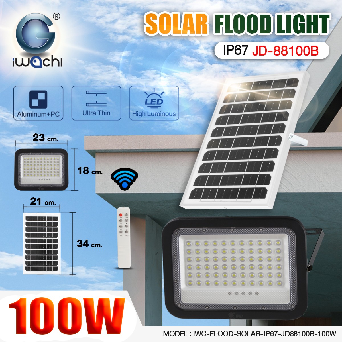 FLOOD LIGHT SOLAR CELL LED รุ่น B IP67 100w แสงขาว