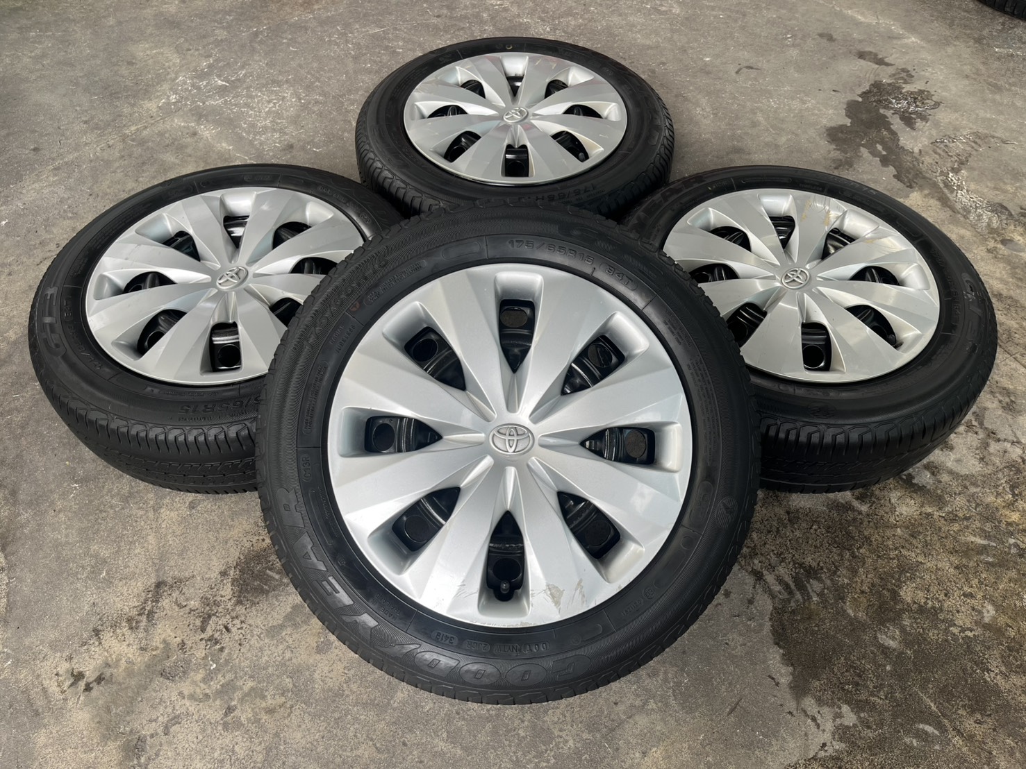 ✨ล้อกระทะ✨4รู100✨Toyota ขอบ 15 แถมยาง 175-65-15 Goodyear ปี 19
