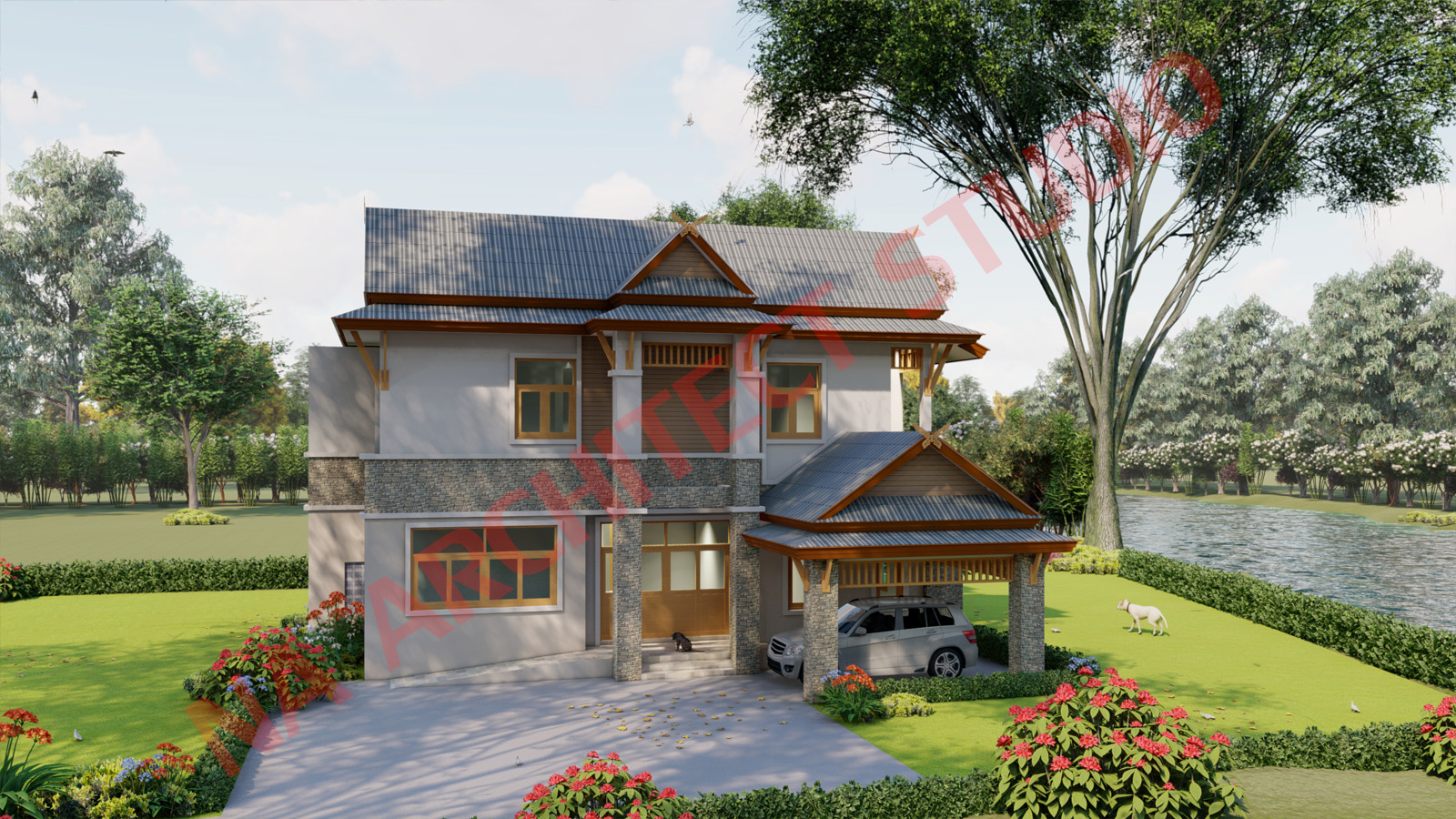 แบบบ้าน 2 ชั้น สไตล์ไทยประยุกต์ NA-206 ขนาด 262.70 ตร.ม 4 ห้องนอน 4 ห้องน้ำ สไตล์ไทยประยุกต์