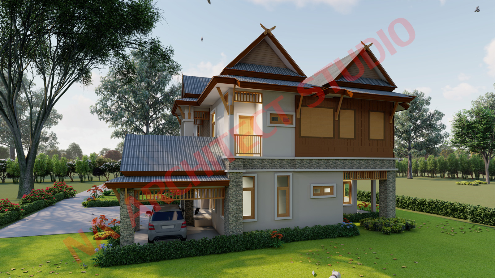 แบบบ้าน 2 ชั้น สไตล์ไทยประยุกต์ NA-206 ขนาด 262.70 ตร.ม 4 ห้องนอน 4 ห้องน้ำ สไตล์ไทยประยุกต์