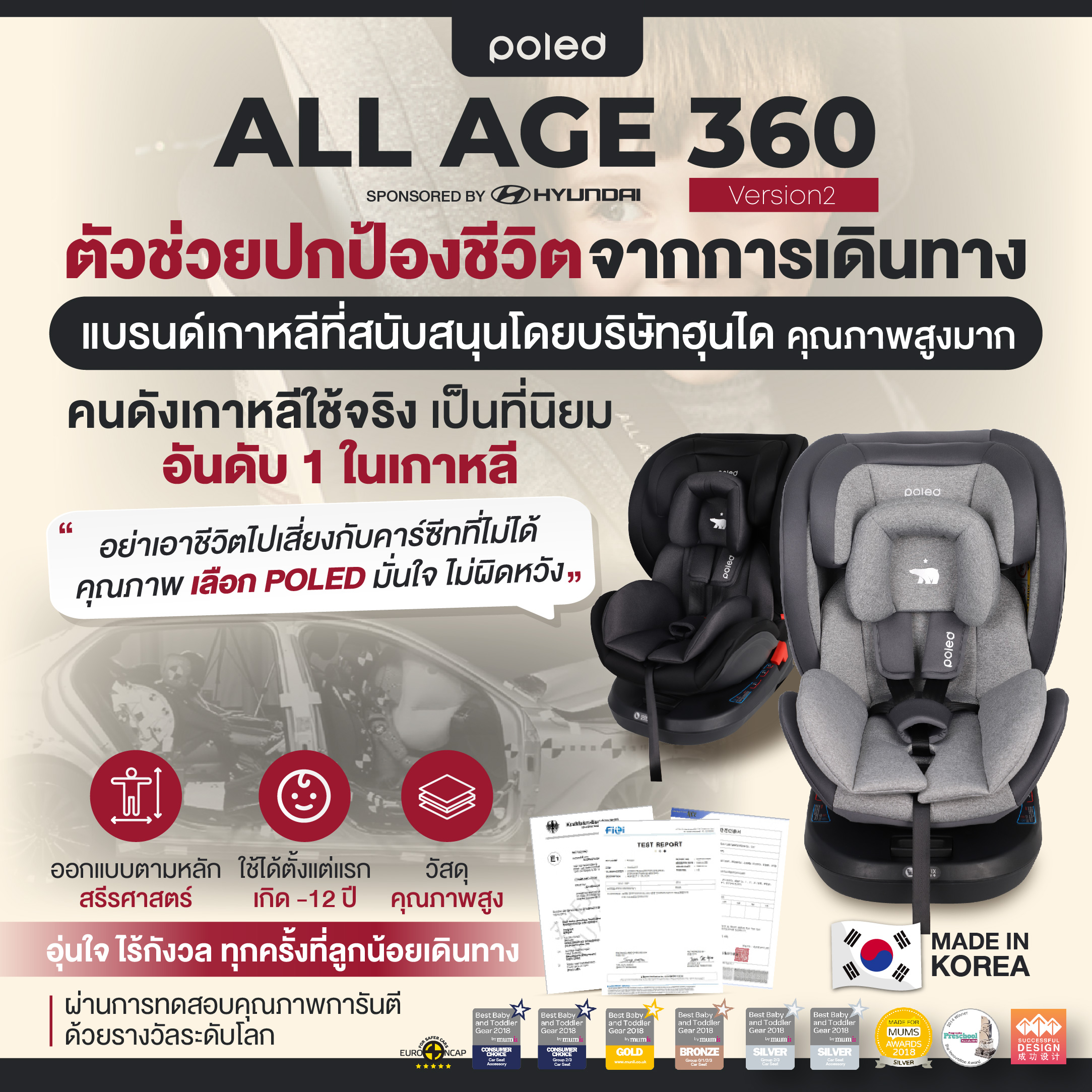 (ชนจริงให้ดูว่าปลอดภัยมาก) POLED ALL AGE จากเกาหลี สำหรับแรกเกิด-12ปี (หมุนได้) การันตีรางวัลระดับโลก
