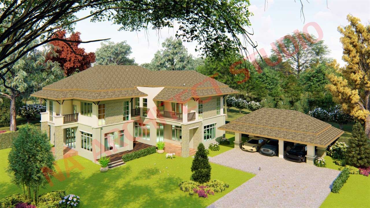 แบบบ้าน 2 ชั้น สไตล์คอนเทมโพรารี่ NA-211 ขนาด 617.70 ตร.ม. 4 ห้องนอน 6 ห้องน้ำ