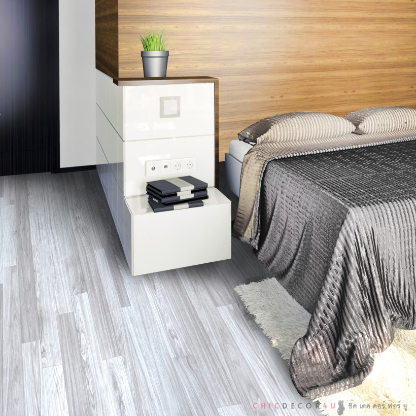 พีวีซีปูพื้น ลายไม้โมเดรินสีเทา Ash Gray-wood panel JP-014 หน้ากว้าง 100 ซม หนา 0.6 มม