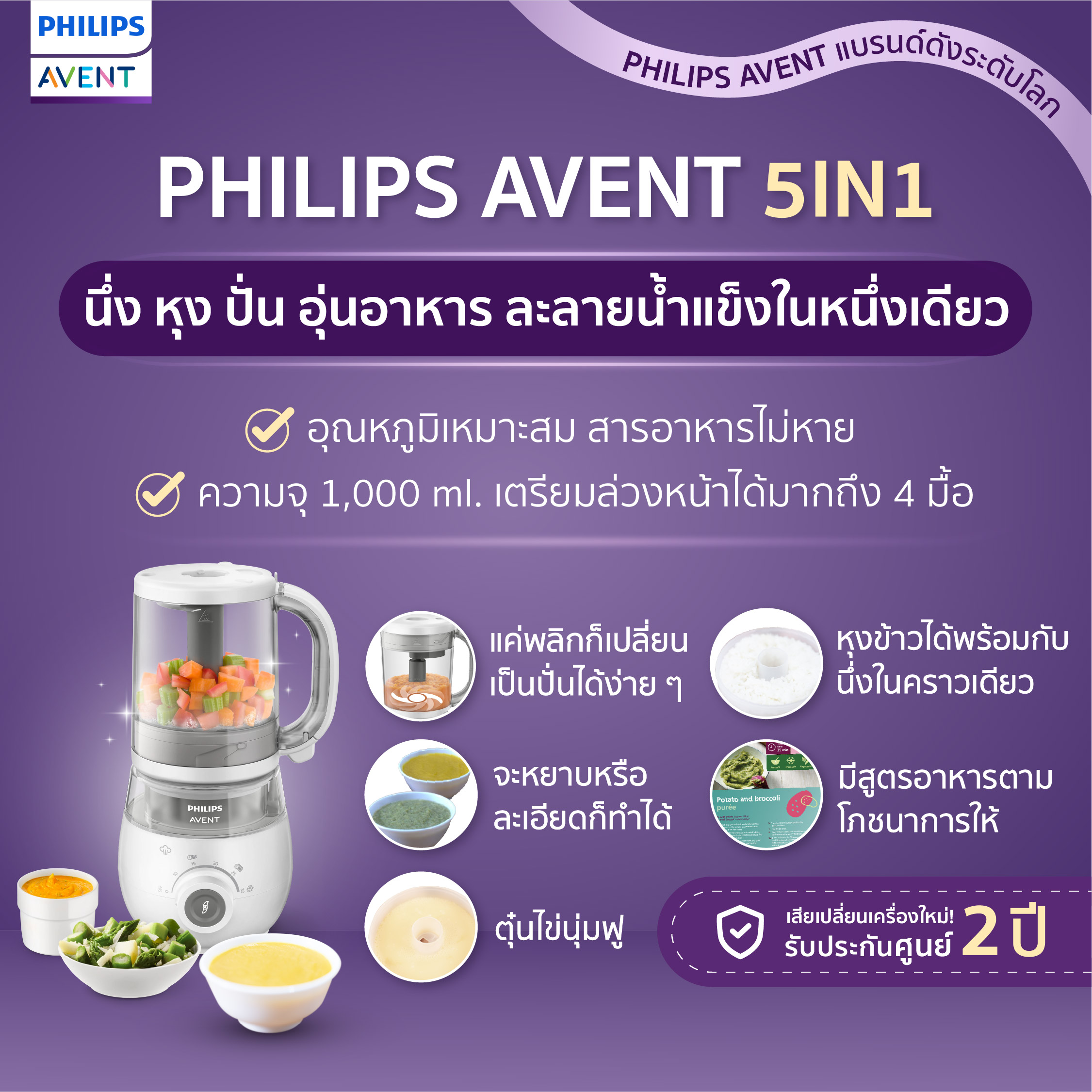 ทำง่าย ได้สารอาหารครบ Philips Avent เครื่องนึ่ง+ปั่น 5in1 นึ่ง หุง ปั่น ละลายน้ำแข็งในหนึ่ง มีมอก.