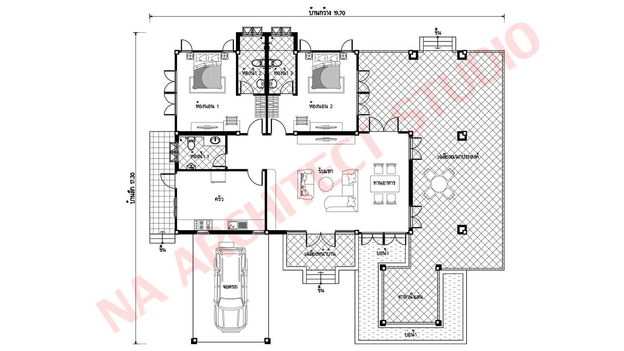 แบบบ้านชั้นเดียวพร้อมศาลาและระเบียงขนาดใหญ่ สไตล์คอนเทมโพรารี่ NA-110 ขนาด 277.06 ตร.ม. 2 ห้องนอน 3 ห้องน้ำ