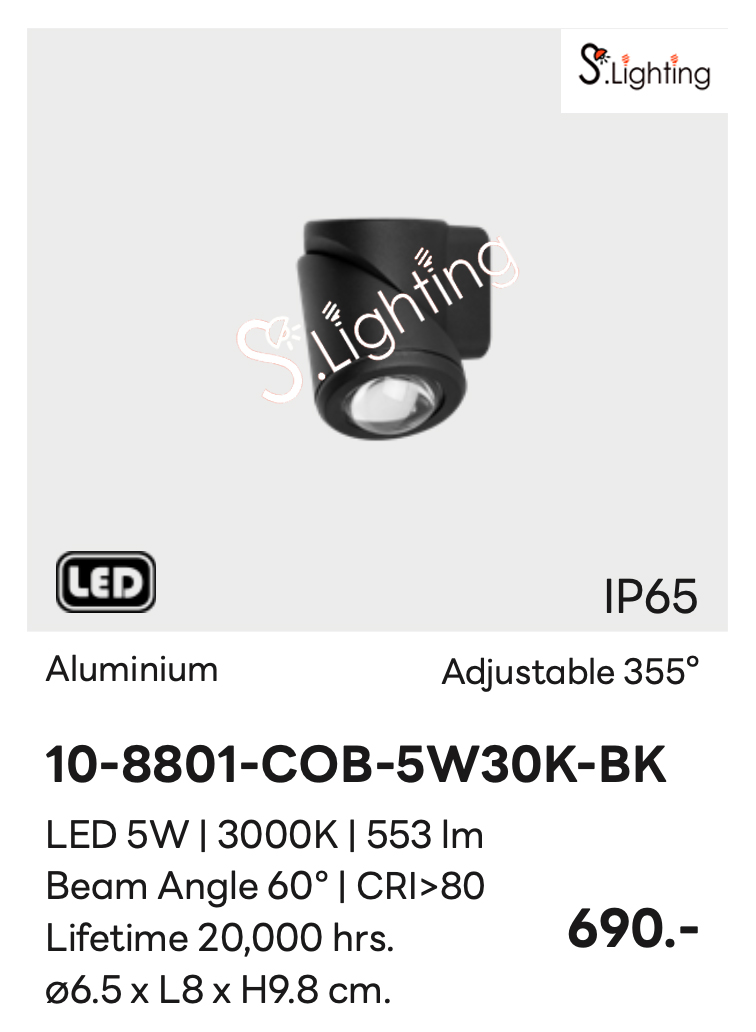 โคมไฟติดผนังภายนอก 10-8801-COB-5W30K-BK