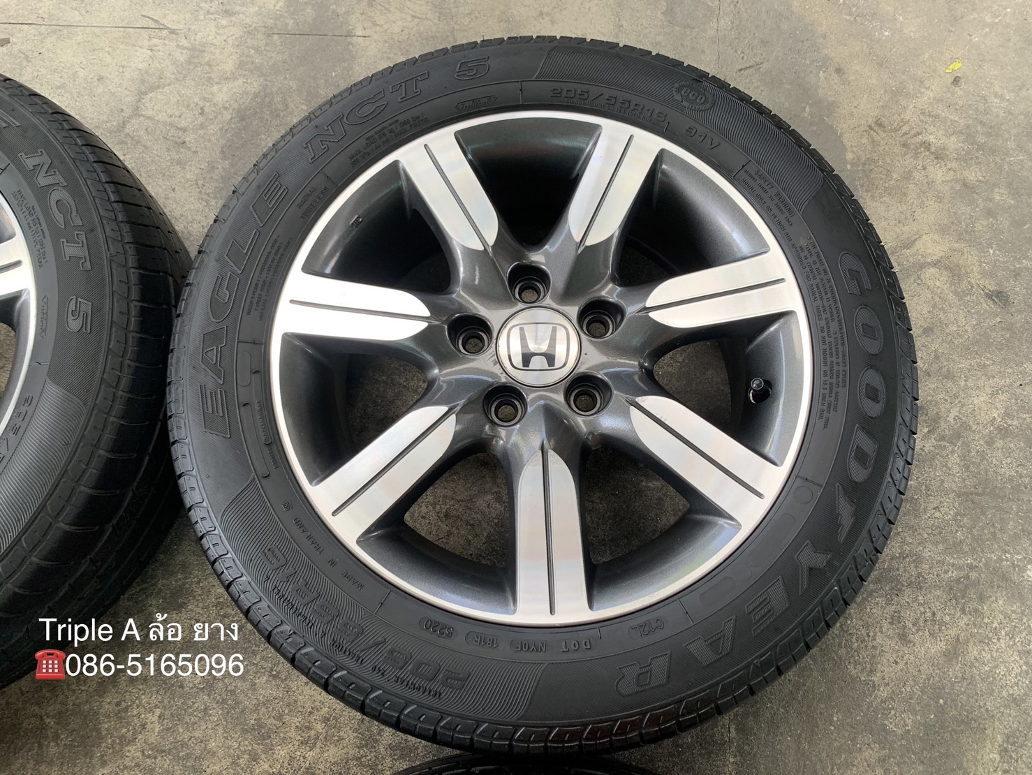 ✨ล้อแม็ก 5รู114✨Honda ลาย 7 ก้าน ขอบ 16 เทาหน้าเงา พร้อมยาง 205-55-16 Goodyear ปลายปี 20