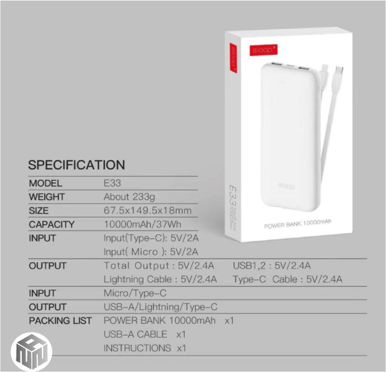 Powerbank Eloop E3310,000mAhมีสายชาร์จในตัว