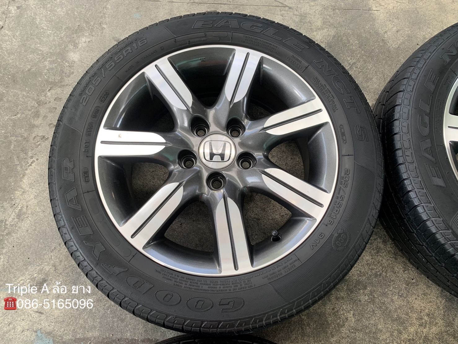 ✨ล้อแม็ก 5รู114✨Honda ลาย 7 ก้าน ขอบ 16 เทาหน้าเงา พร้อมยาง 205-55-16 Goodyear ปลายปี 20