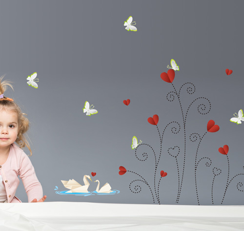 KRL-20011 Wall Sticker วอลล์สติ๊กเกอร์แต่งผนังลาย Swans & Heart Flowers ขนาดแผ่น 50x70 cm