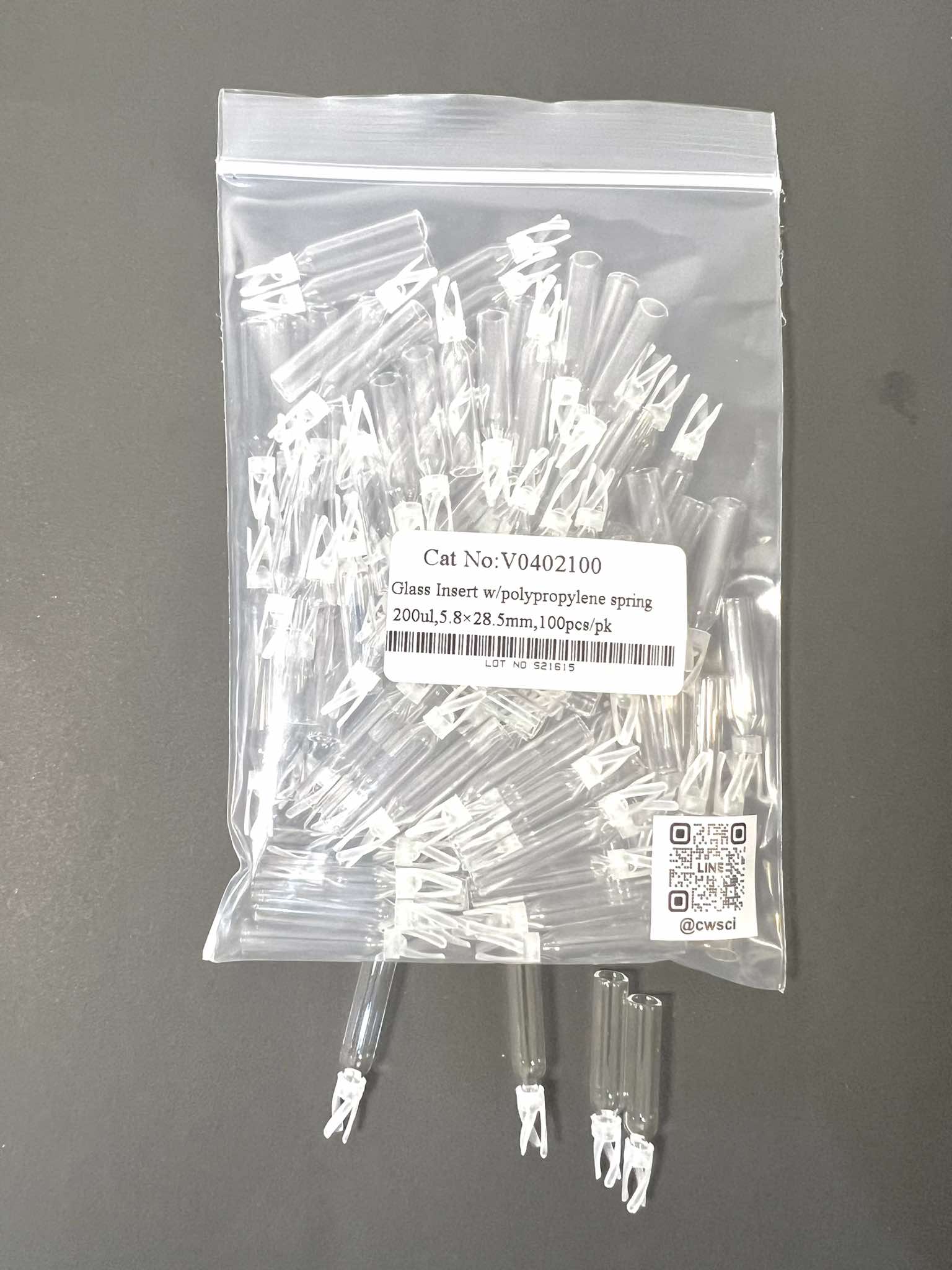 200μl,conical style ,clear glass, 5.8×28.5 mm with Polyspring (100ชิ้น/pk.)