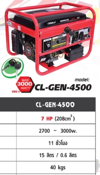 เครื่องปั่นไฟเบนซิน CL-GEN-4500(3,000W.)COROLLA สตาร์ทกุญแจ