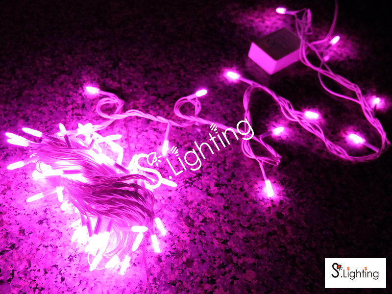 ไฟหยดน้ำ LED 100หัว 10ม. ทรงรี ชมพู กระพริบ
