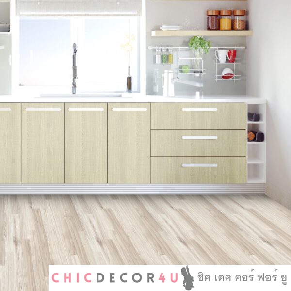 สติ๊กเกอร์ปูพื้น ลายไม้โมเดริน สีเบจ Beige-wood panel JP-013 หน้ากว้าง 100 ซม หนา 0.6 มม ยาวเมตรละ