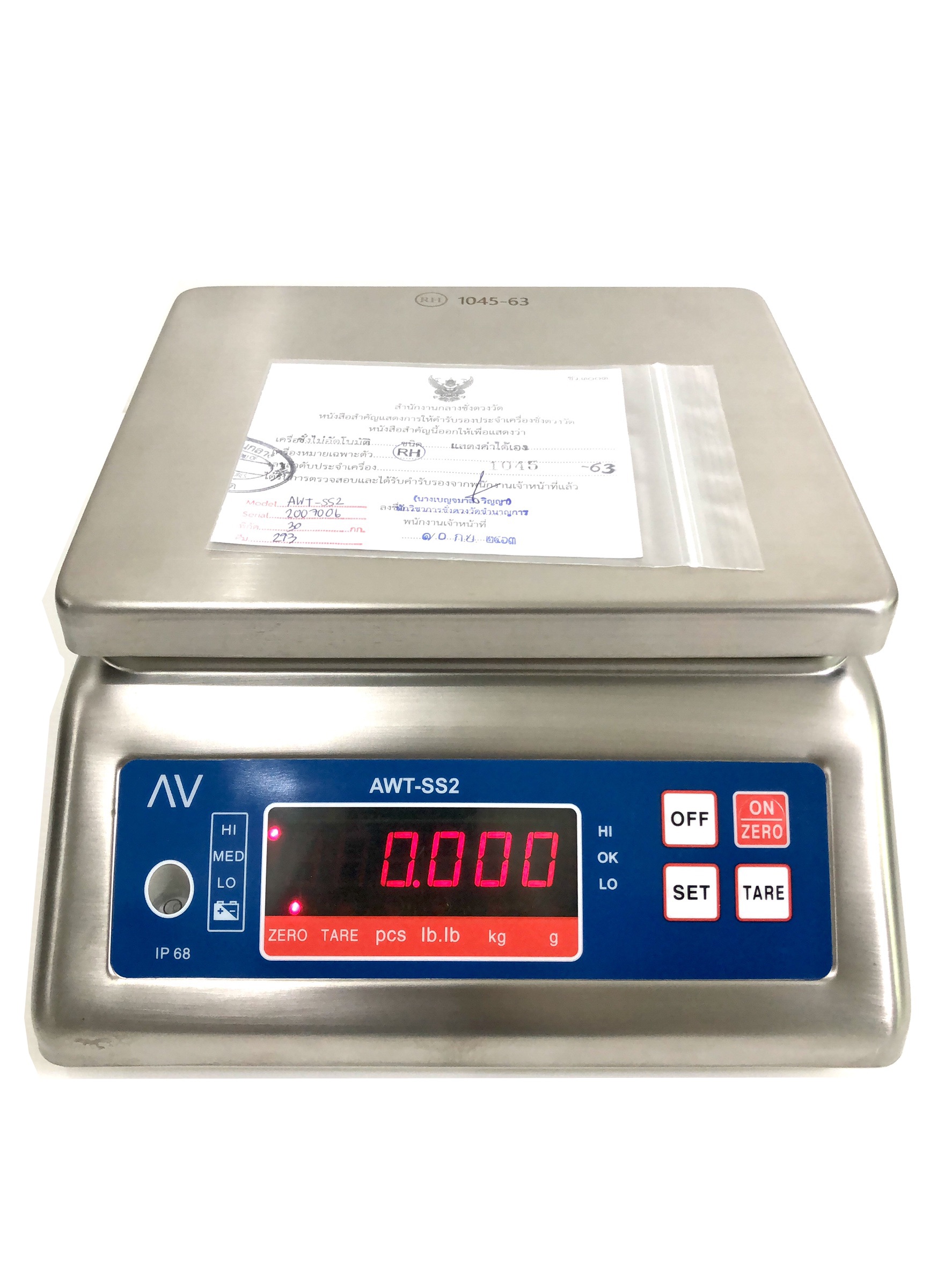 เครื่องชั่งดิจิตอลกันน้ำตั้งโต๊ะ ตรา AV (AVENUE) รุ่น AWT-SS2 พิกัด 30 กก.