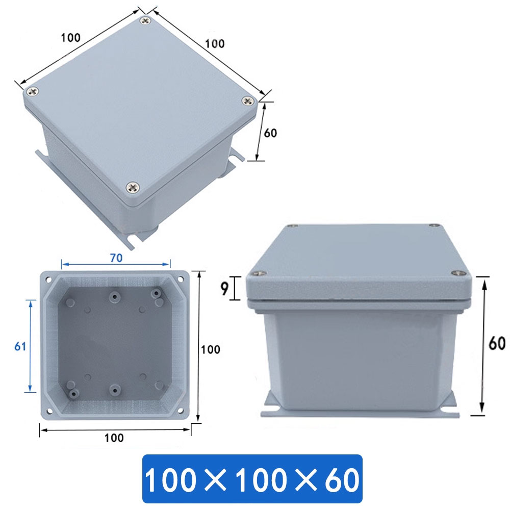 กล่องอลูมิเนียมกันน้ำ IP66 สีเทา ขนาด 100 X 100 X 60 มม. แบบมีขายึด