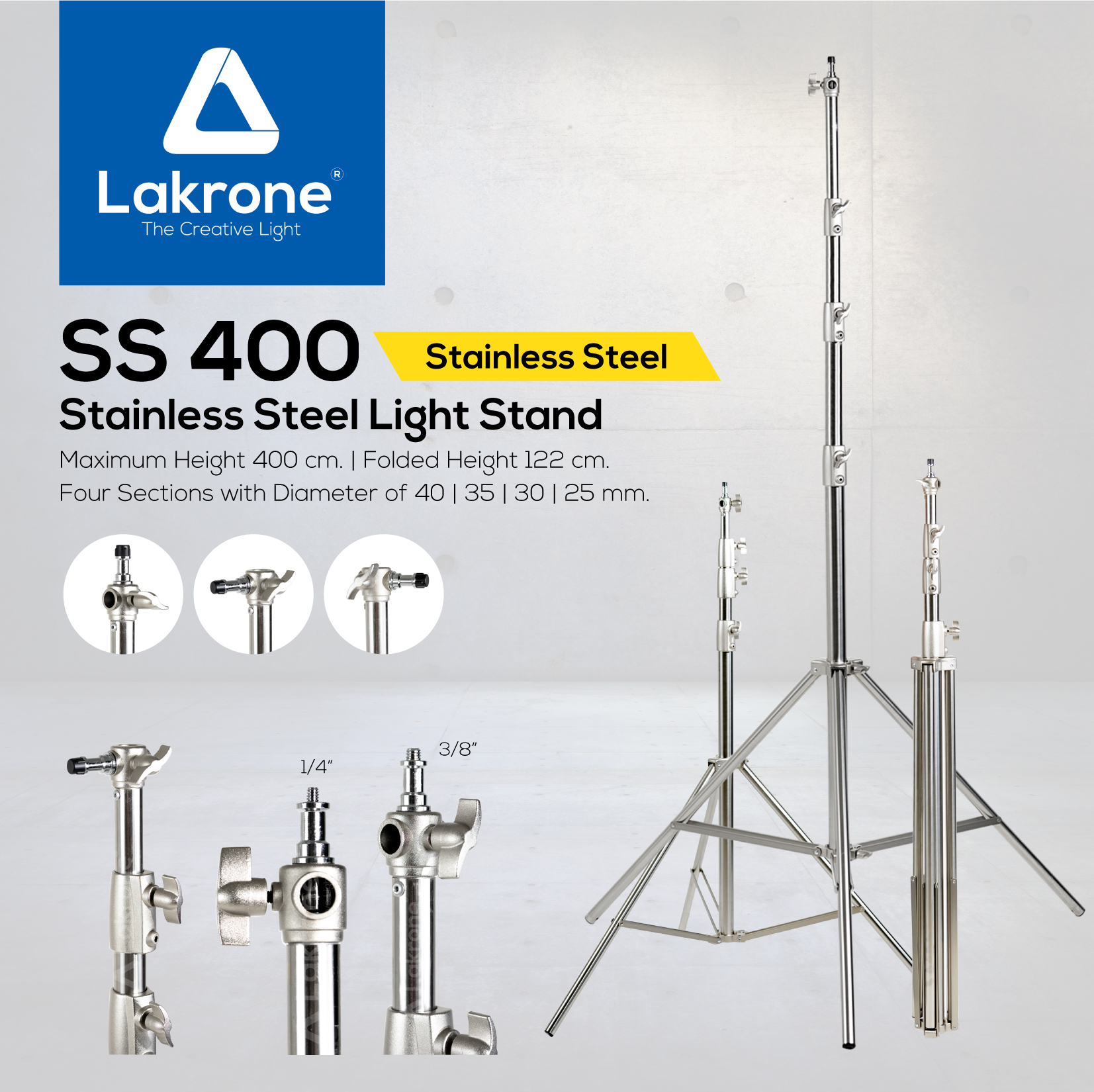 SS 400 ขาตั้งไฟแบบสแตนเลส Stainless Steel Light Stand ปรับได้ 120 - 400 ซม.