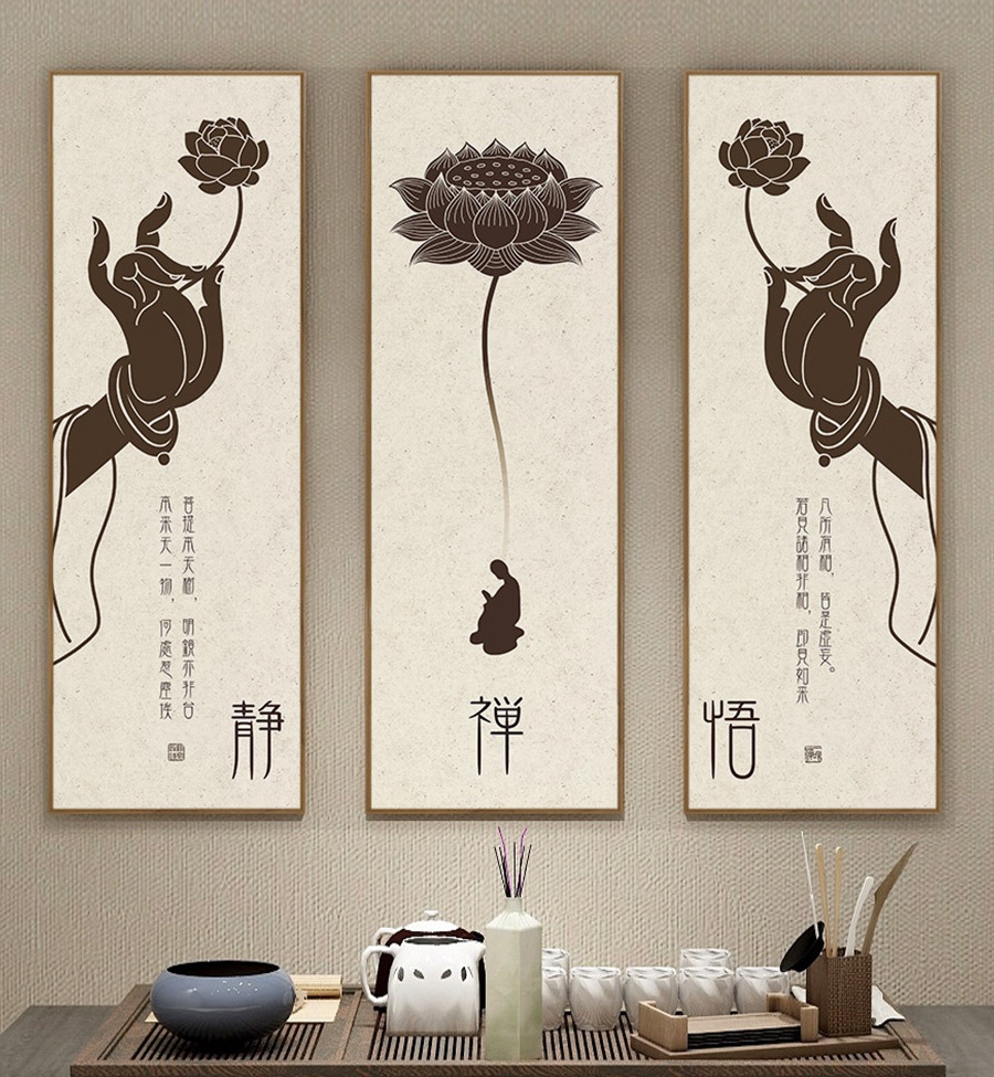 #ภาพวาดสไตล์จีนร่วมสมัยชุด 3 ชิ้น กรอบหนา 3 cm. ขนาด 40x120 cm. /ไม่มีกระจก