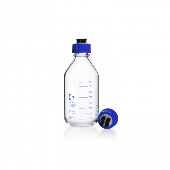 DURAN® HPLC Bottle, GL 45, clear, with HPLC screw cap, 4 tubing connectors, graduated, 1000 mL